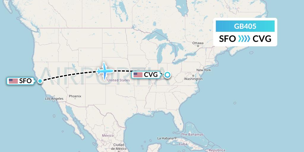 GB405 ABX Air Flight Map: San Francisco to Cincinnati