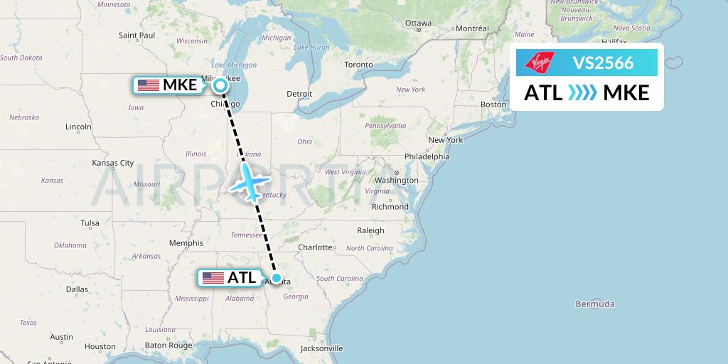 VS2566 Virgin Atlantic Airways Flight Map: Atlanta to Milwaukee