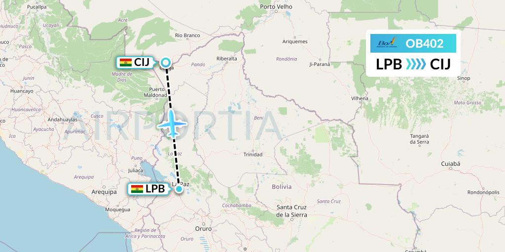 OB402 Boliviana de Aviacion Flight Map: La Paz to Cobija