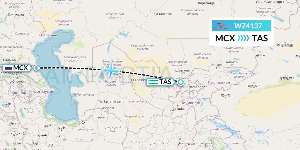 WZ4137 Red Wings Flight Map: Makhachkala to Tashkent
