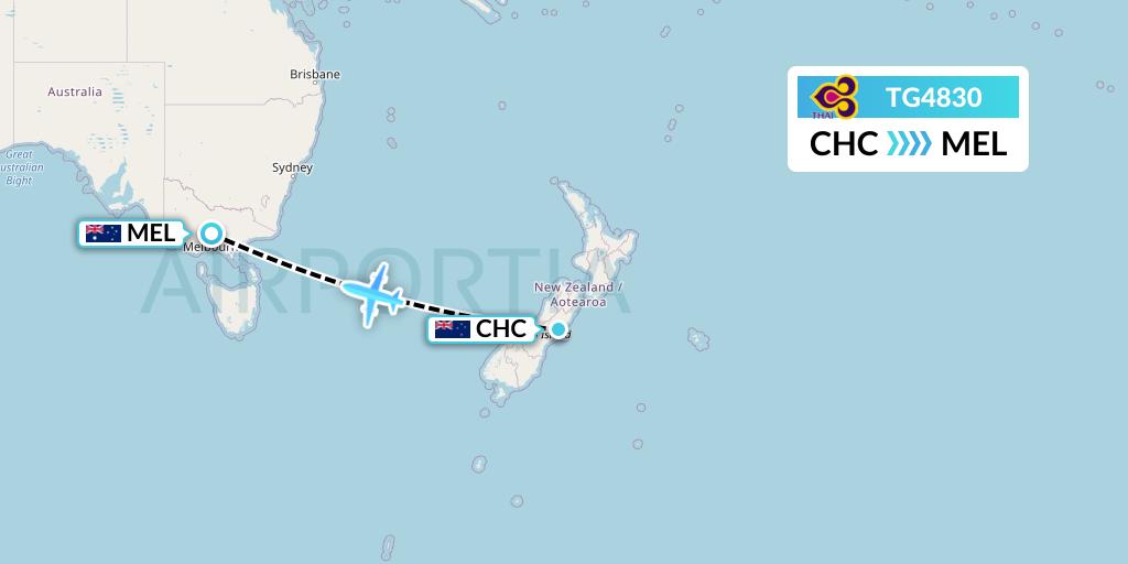 TG4830 Thai Airways Flight Map: Christchurch to Melbourne
