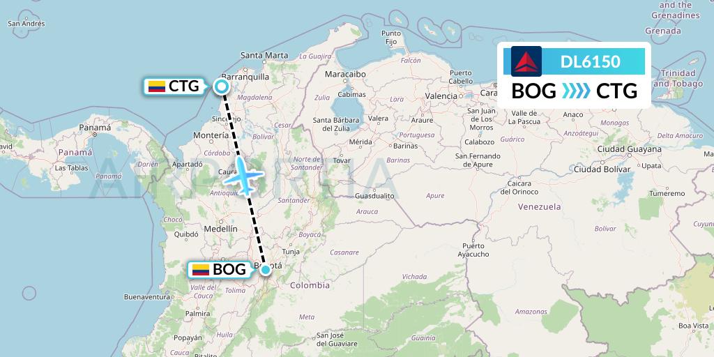 DL6150 Delta Air Lines Flight Map: Bogota to Cartagena