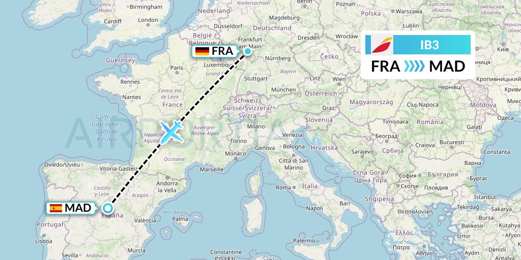 IB3 Iberia Flight Map: Frankfurt to Madrid