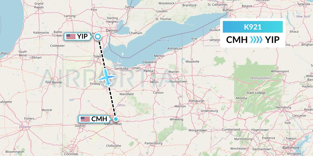 K921 Kalitta Charters Flight Map: Columbus to Detroit