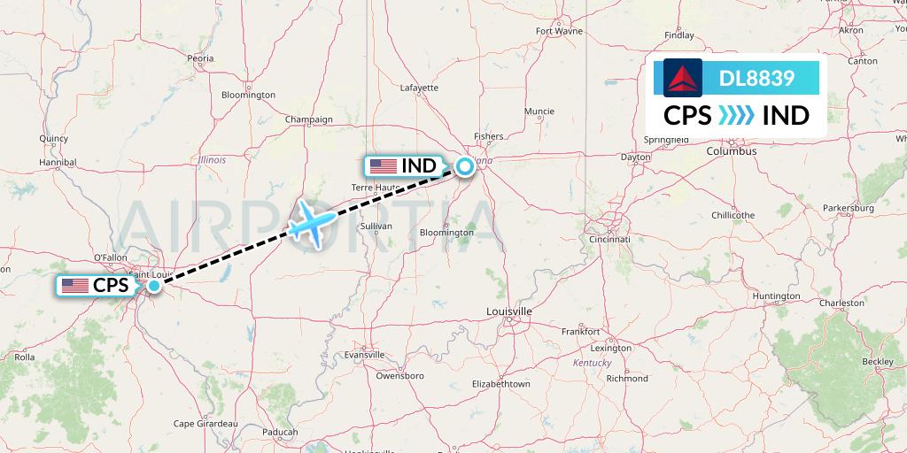 DL8839 Delta Air Lines Flight Map: St. Louis to Indianapolis