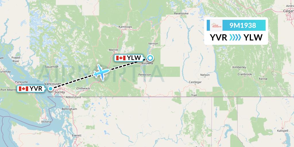 9M1938 Central Mountain Air Flight Map: Vancouver to Kelowna