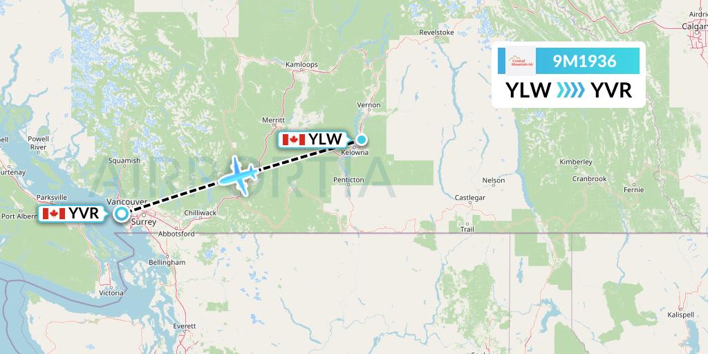 9M1936 Central Mountain Air Flight Map: Kelowna to Vancouver