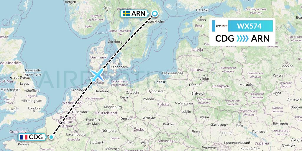 WX574 Cityjet Flight Map: Paris to Stockholm