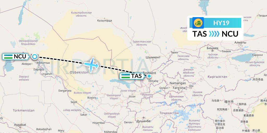 HY19 Uzbekistan Airways Flight Map: Tashkent to Nukus