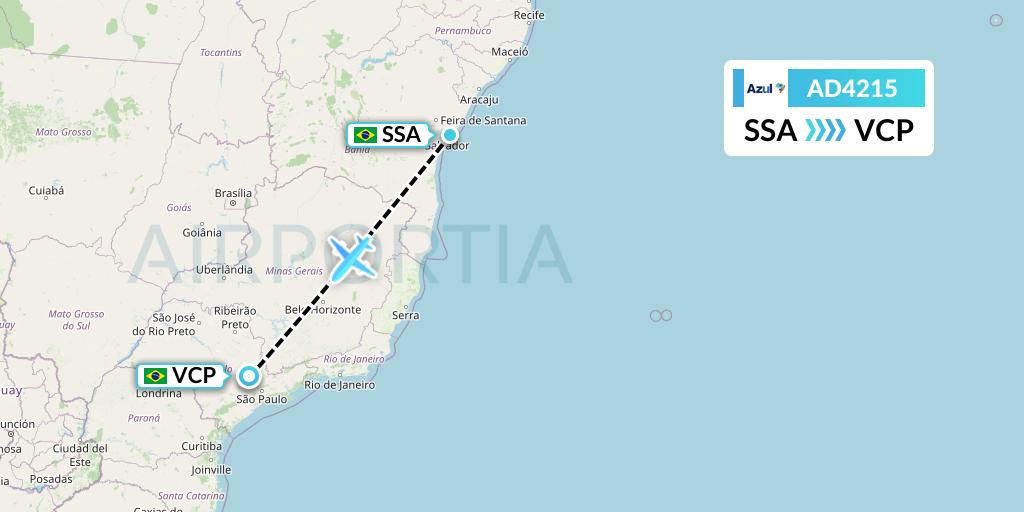 AD4215 Azul Brazilian Airlines Flight Map: Salvador to Campinas