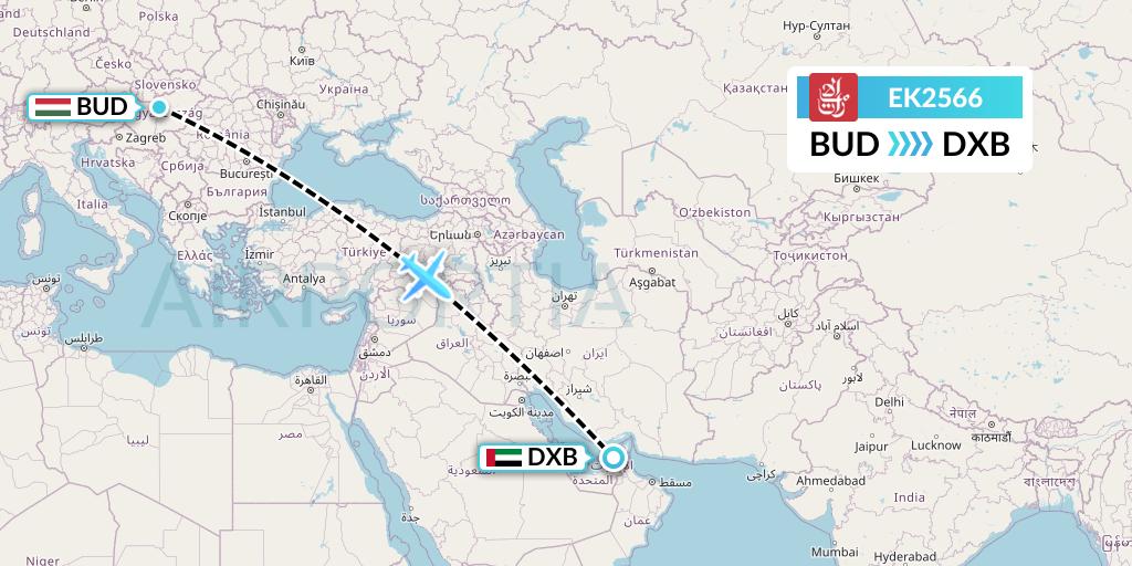 EK2566 Emirates Flight Map: Budapest to Dubai