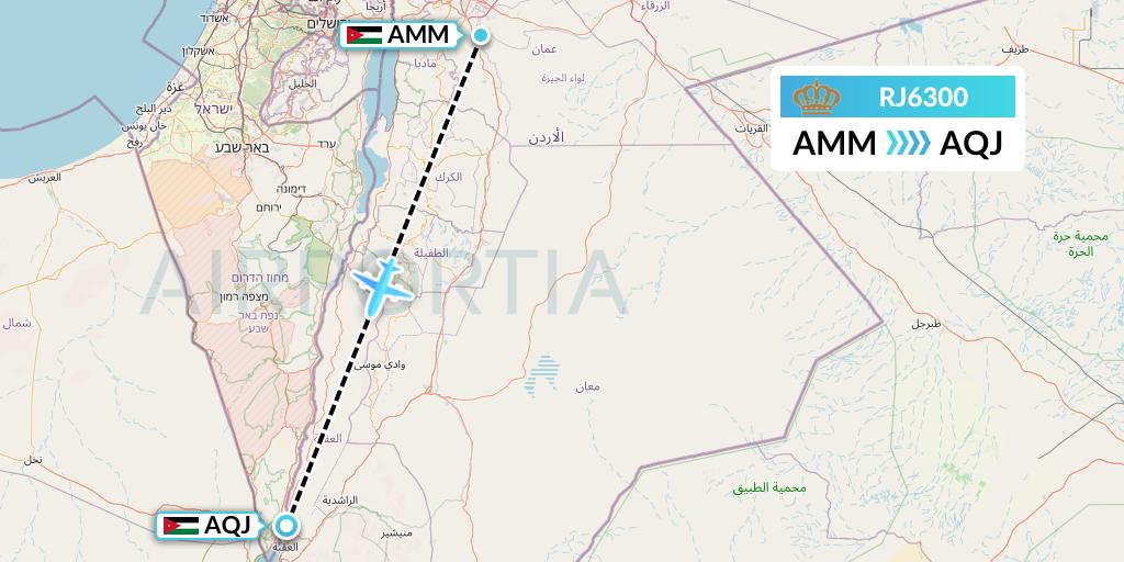 RJ6300 Royal Jordanian Flight Map: Amman to Aqaba