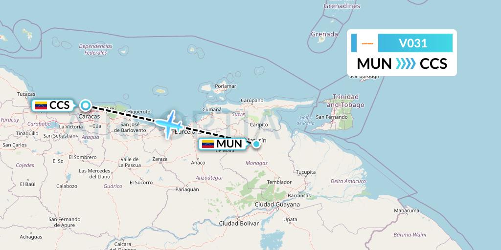 V031 Conviasa Flight Map: Maturin to Caracas