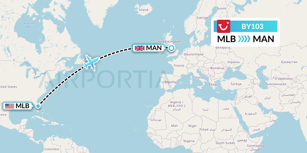 BY103 TUI Airways Flight Map: Melbourne to Manchester