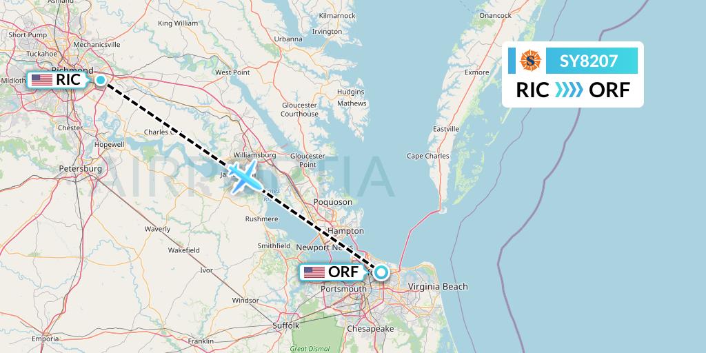 SY8207 Sun Country Airlines Flight Map: Richmond to Norfolk