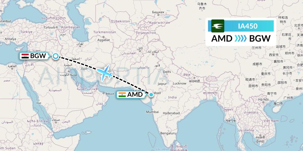 IA450 Iraqi Airways Flight Map: Ahmedabad to Baghdad