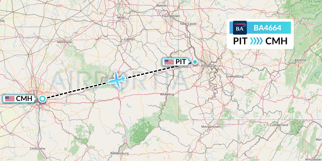 BA4664 British Airways Flight Map: Pittsburgh to Columbus