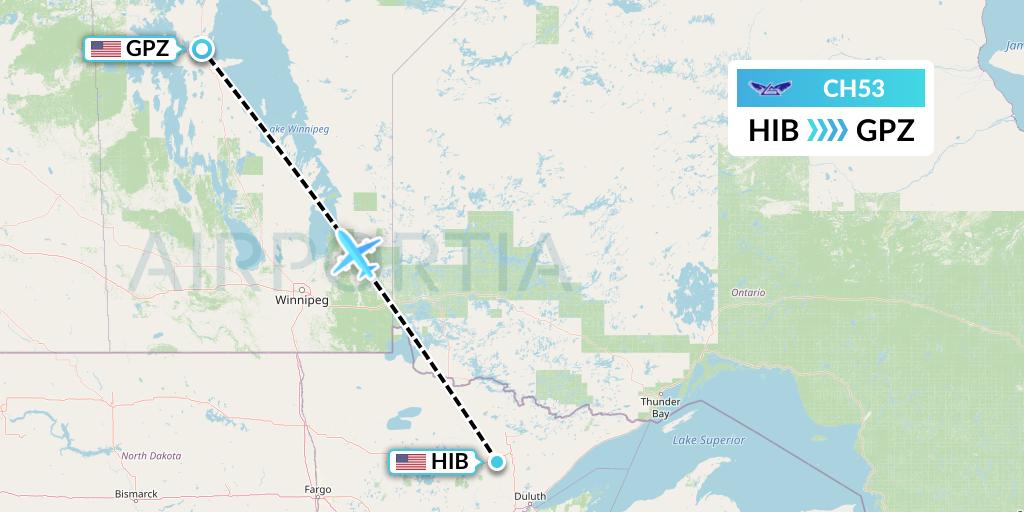 CH53 Bemidji Airlines Flight Map: Hibbing to Grand Rapids