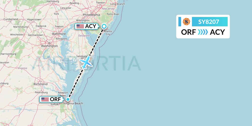 SY8207 Sun Country Airlines Flight Map: Norfolk to Atlantic City