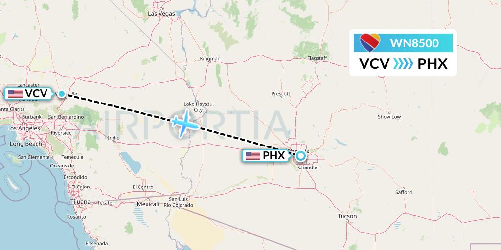 WN8500 Southwest Airlines Flight Map: Victorville to Phoenix