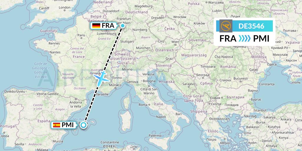 DE3546 Condor Flight Map: Frankfurt to Palma de Mallorca