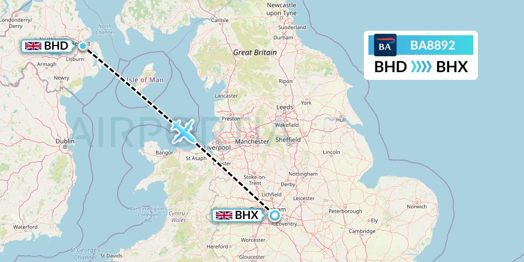 BA8892 British Airways Flight Map: Belfast to Birmingham