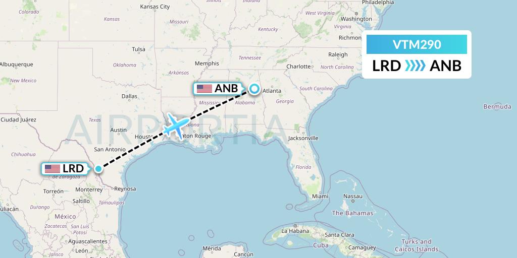 VTM290 Aeronaves TSM Flight Map: Laredo to Anniston