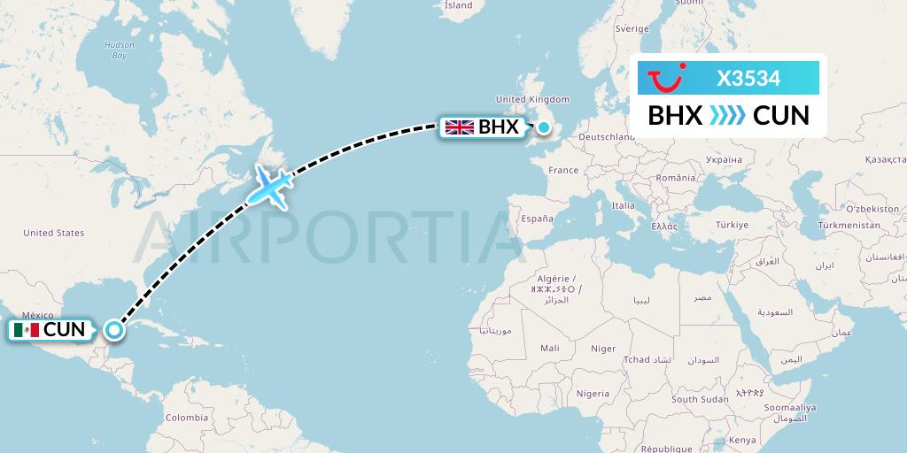 X3534 TUI fly Germany Flight Map: Birmingham to Cancun