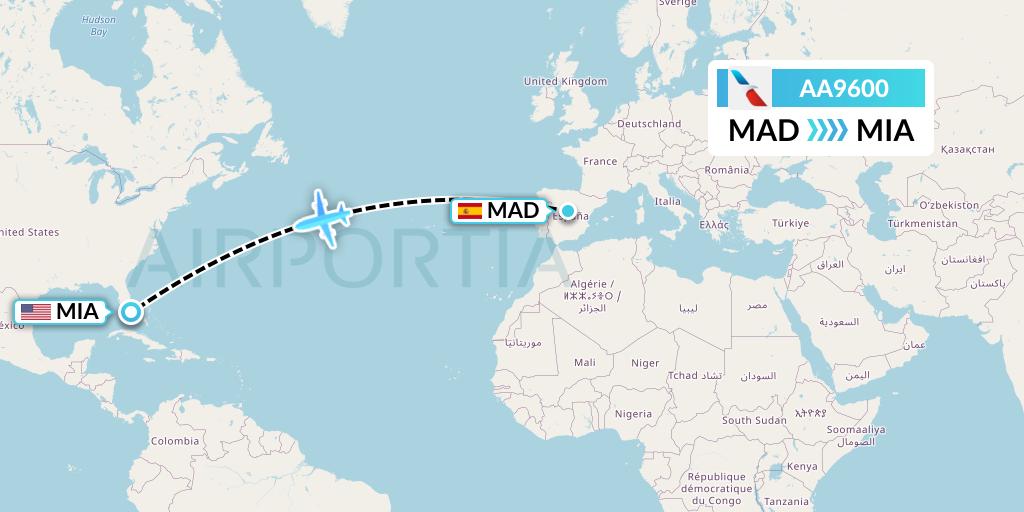 AA9600 American Airlines Flight Map: Madrid to Miami