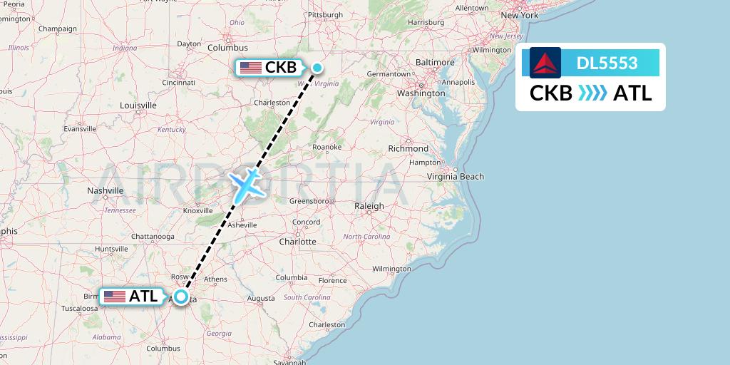 DL5553 Delta Air Lines Flight Map: Clarksburg to Atlanta