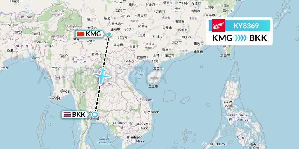 KY8369 Kunming Airlines Flight Map: Kunming to Bangkok