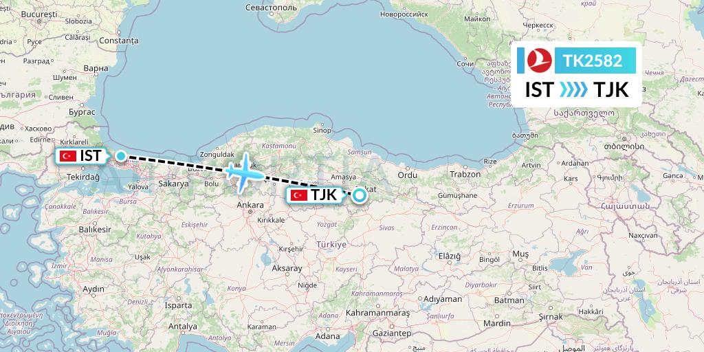 TK2582 Turkish Airlines Flight Map: Istanbul to Tokat
