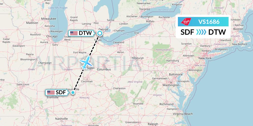 VS1686 Virgin Atlantic Airways Flight Map: Louisville to Detroit