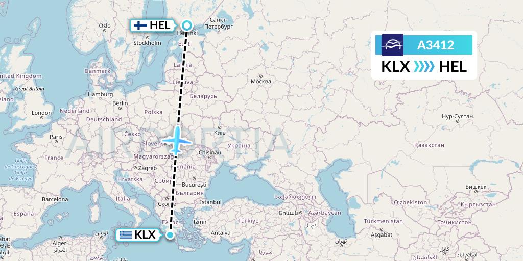 A3412 Aegean Airlines Flight Map: Kalamata to Helsinki