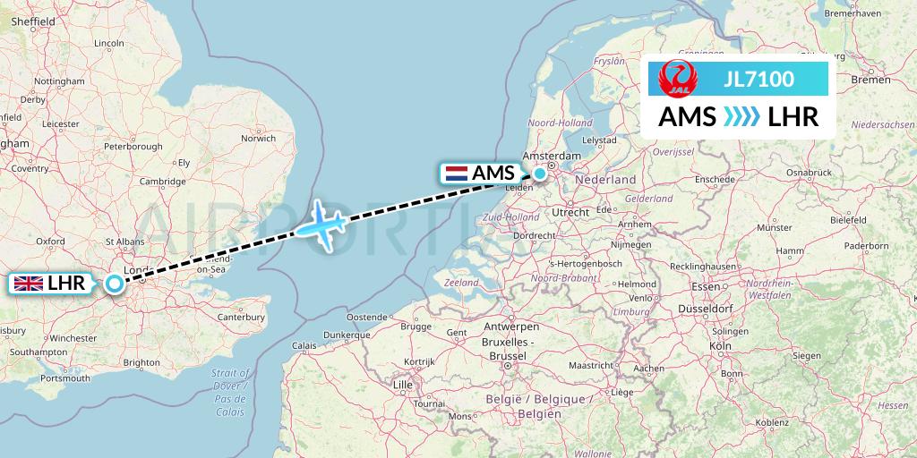 JL7100 Japan Airlines Flight Map: Amsterdam to London