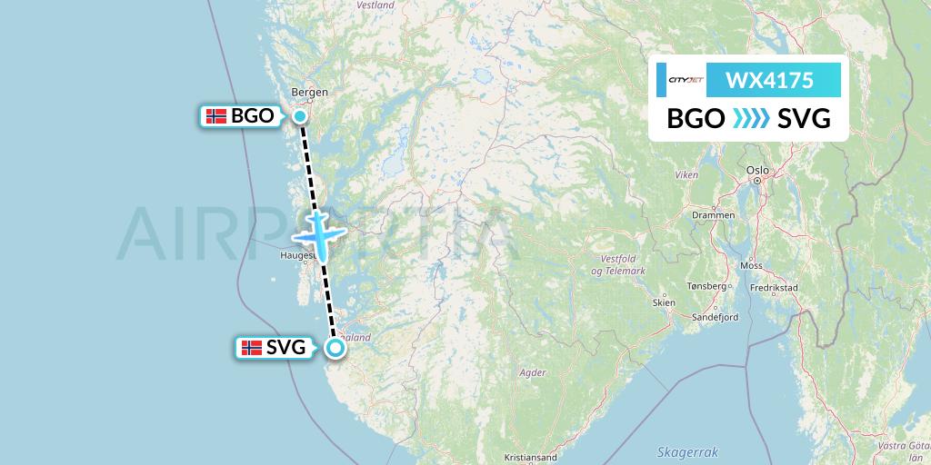 WX4175 Cityjet Flight Map: Bergen to Stavanger