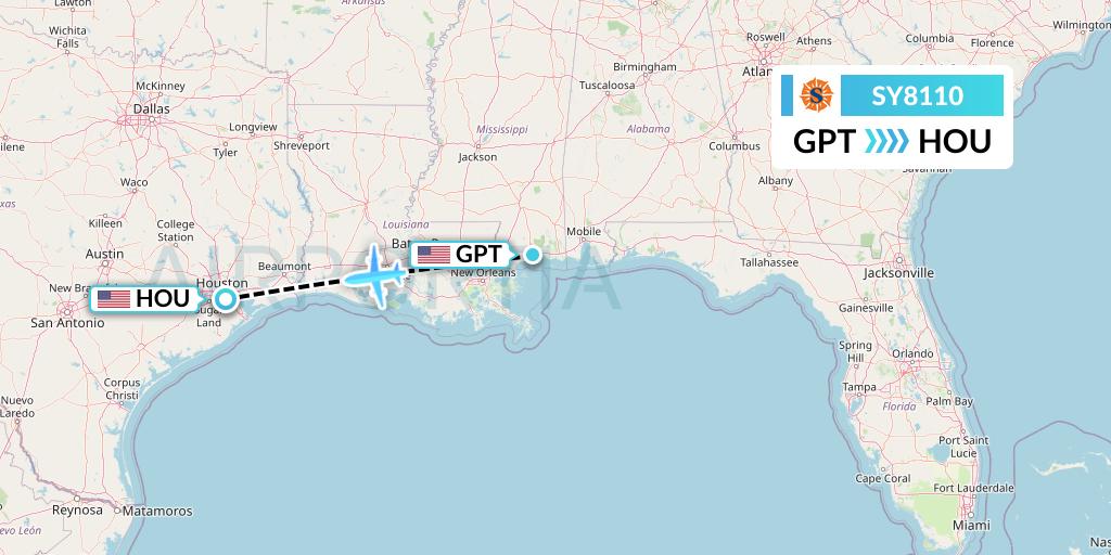 SY8110 Sun Country Airlines Flight Map: Gulfport to Houston