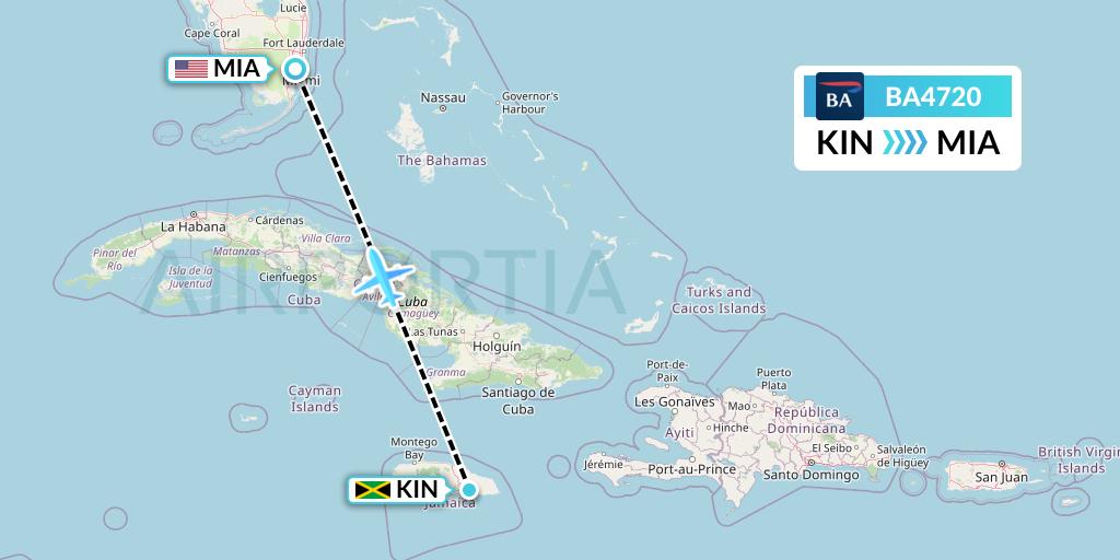 BA4720 British Airways Flight Map: Kingston to Miami
