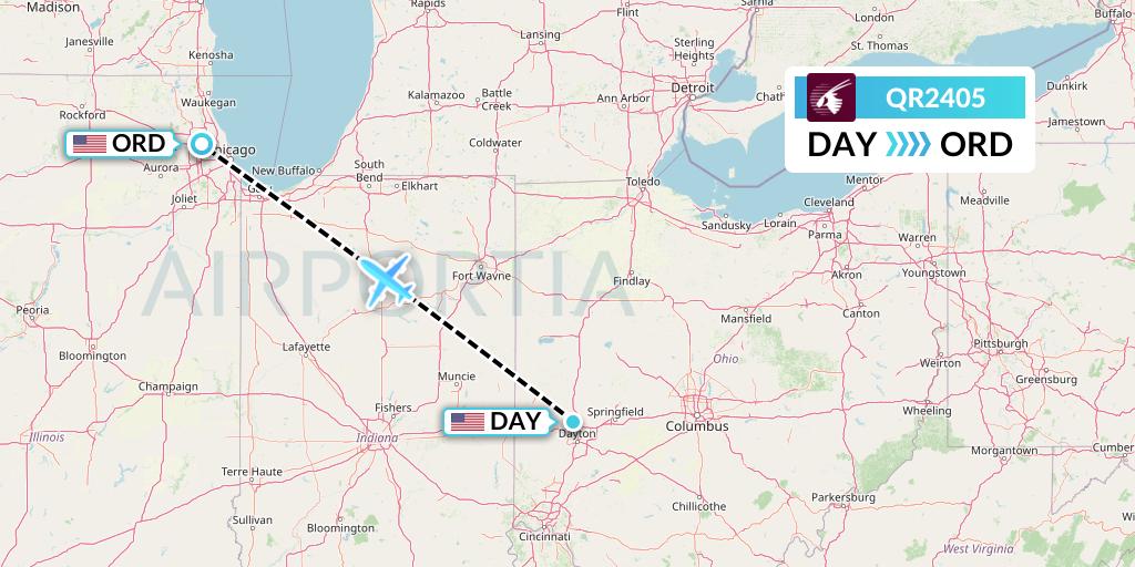 QR2405 Qatar Airways Flight Map: Dayton to Chicago
