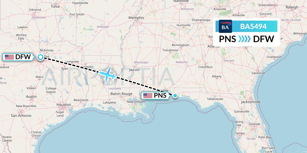 BA5494 British Airways Flight Map: Pensacola to Dallas