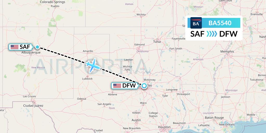 BA5540 British Airways Flight Map: Santa Fe to Dallas