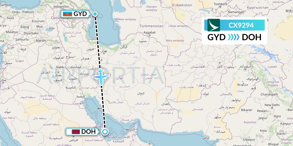 CX9294 Cathay Pacific Flight Map: Baku to Doha