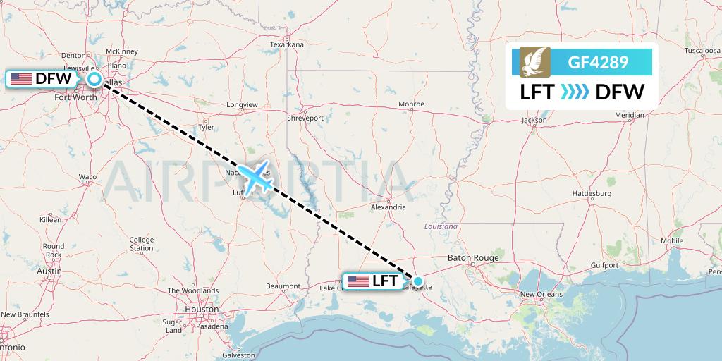 GF4289 Gulf Air Flight Map: Lafayette to Dallas