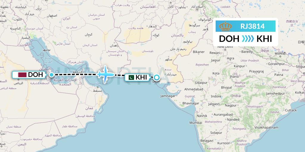 RJ3814 Royal Jordanian Flight Map: Doha to Karachi