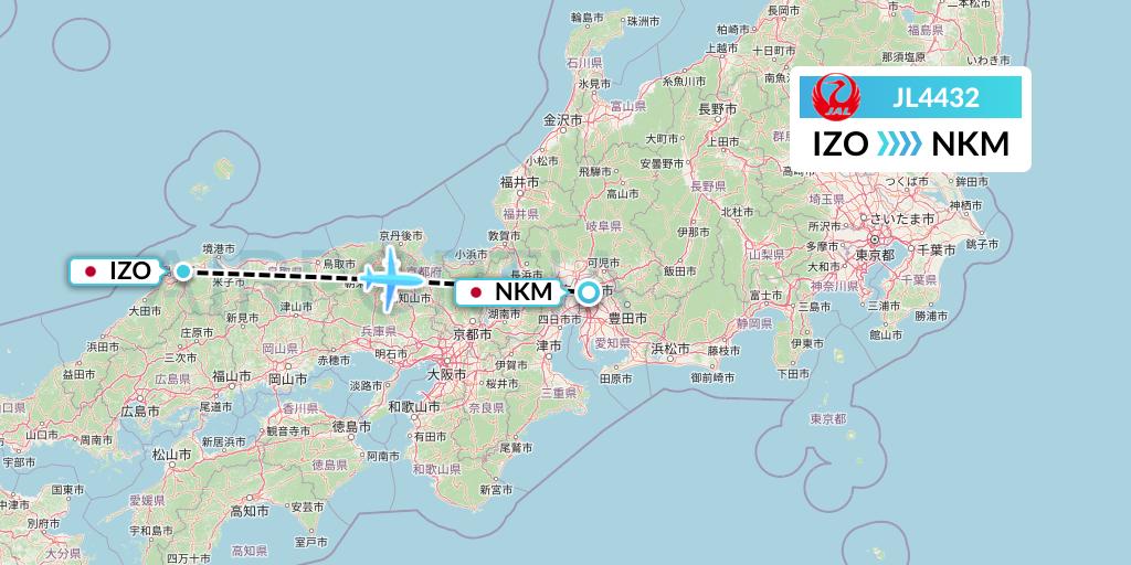 JL4432 Japan Airlines Flight Map: Izumo to Nagoya