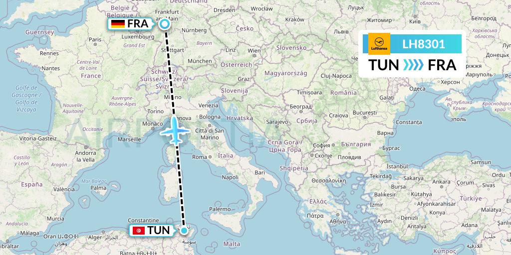 LH8301 Lufthansa Flight Map: Tunis to Frankfurt