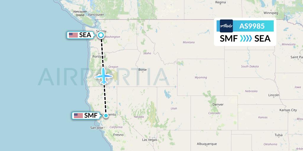 AS9985 Alaska Airlines Flight Map: Sacramento to Seattle