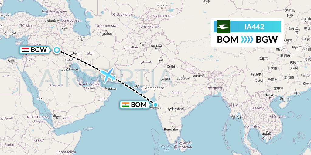 IA442 Iraqi Airways Flight Map: Mumbai to Baghdad