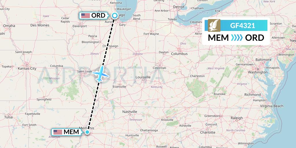 GF4321 Gulf Air Flight Map: Memphis to Chicago