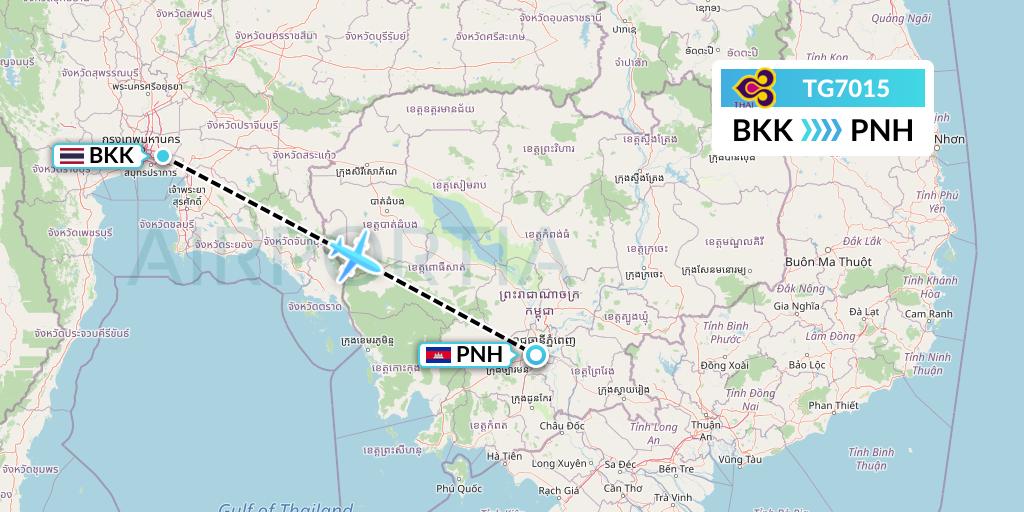 TG7015 Thai Airways Flight Map: Bangkok to Phnom Penh